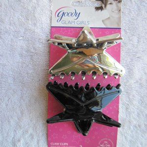 2 Goody Glam Girls Mirror Silver Shiny Black Star Jaw Claw Hair Clips Reflective